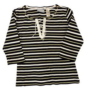Liz Claiborne navy, White, and Yellow Striped Lace-Up Top